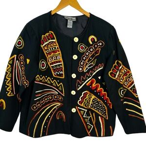 Indigo Moon Corduroy Embroidered Jacket Blazer Aztec Abstract Art Style Large